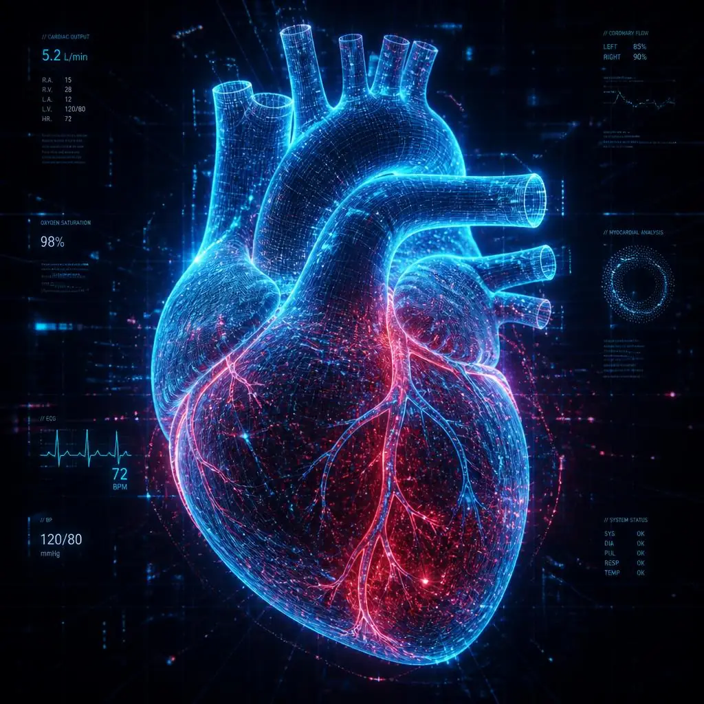 Visualización 3D de un corazón en wireframe neón con datos clínicos
